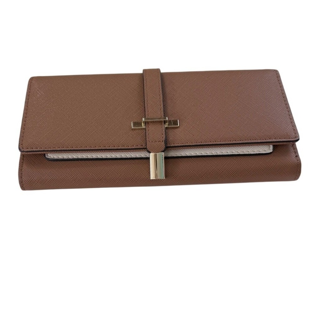 CallagHan Brown Saffiano Trifold Wallet Gold Hardware Cream Interior Card Holder
